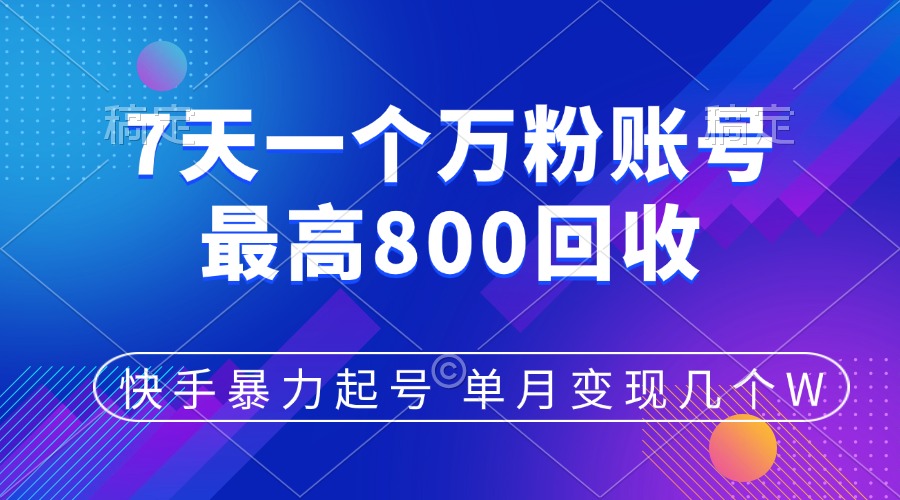 快手暴力起号，7天涨万粉，小白当天起号，多种变现方式，账号包回收，单月变现几个W-领航创业网